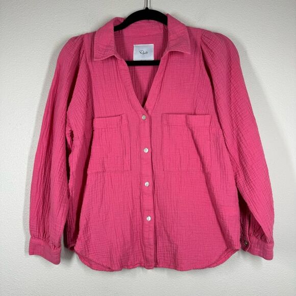 Rails Lauren Gauze Cotton Long Sleeve Button Up Shirt Hibiscus Pink Blouse Small - Picture 1 of 7